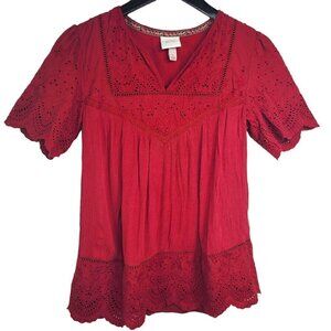 Knox Rose Acid Wash Red Crochet Eyelet Lace V Neck Boho Top